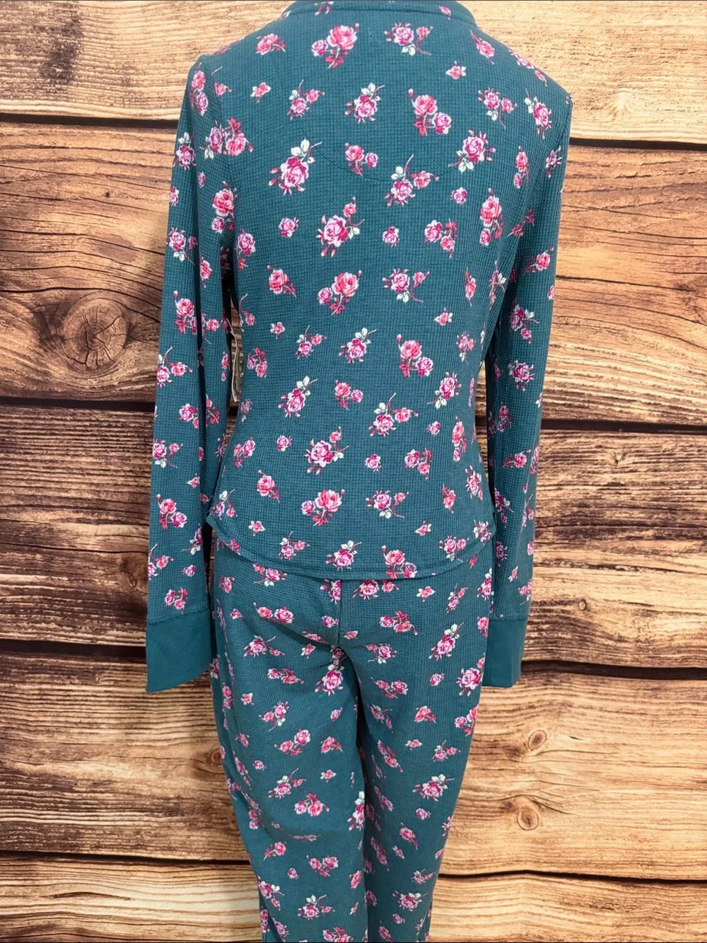 Sonoma Teal Floral Thermal Pajama Set with Pink Rose Print